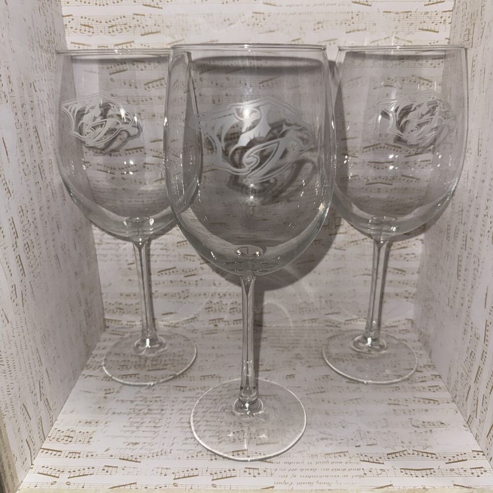 Nashville Predators Set Of Three (3) Wine Glasses NHL Drink ware Small Logo